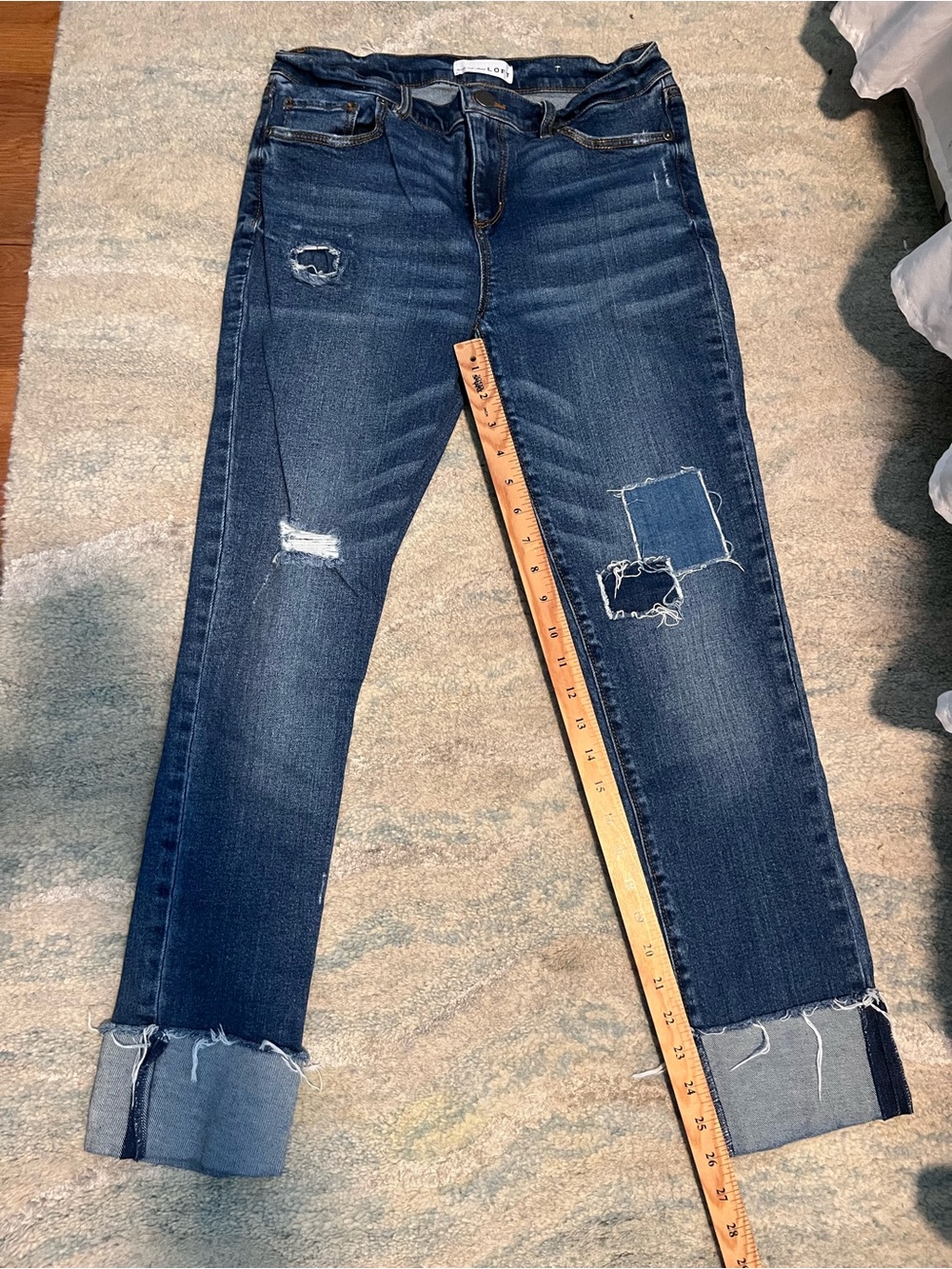 LOFT Dark Blue Distressed Boyfriend Jeans with Cuffs